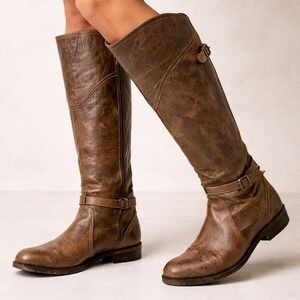 Frye Dorado Riding Boots Tall Pull On Size 8B Knee High Brown Leather Block Heel